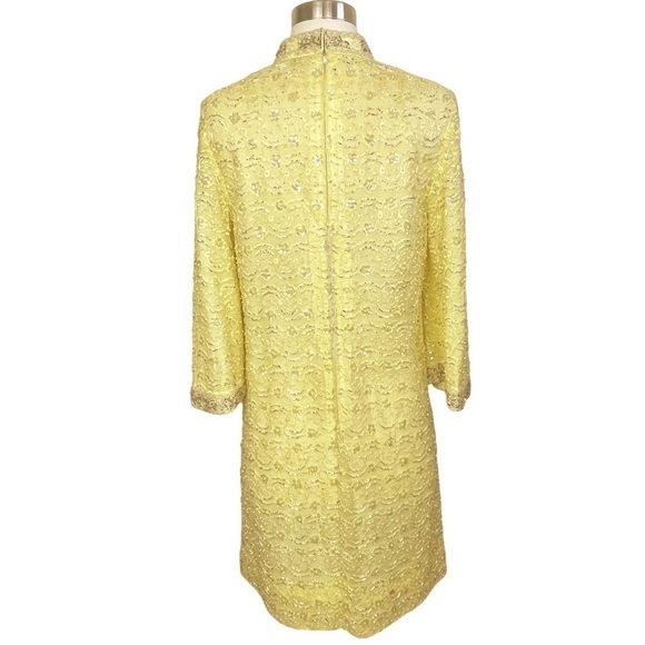 Vintage 50’s Yellow Beaded Lace Mock Neck Long Sleeve Shift Dress Size M/L - Picture 3 of 13